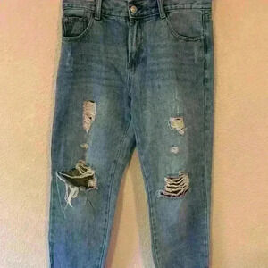 Distressed Blank Paige medium wash jeans, high rise straight leg, sz L